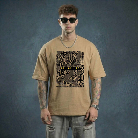Good Health Printed Cotton Tee – Beige Oversized Fitness Graphic T-Shirt