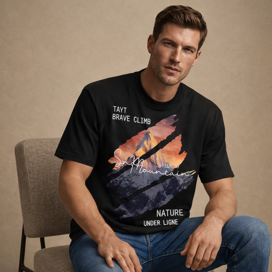Men’s Mountain Graphic T-Shirt – Nature Adventure Black Cotton Tee