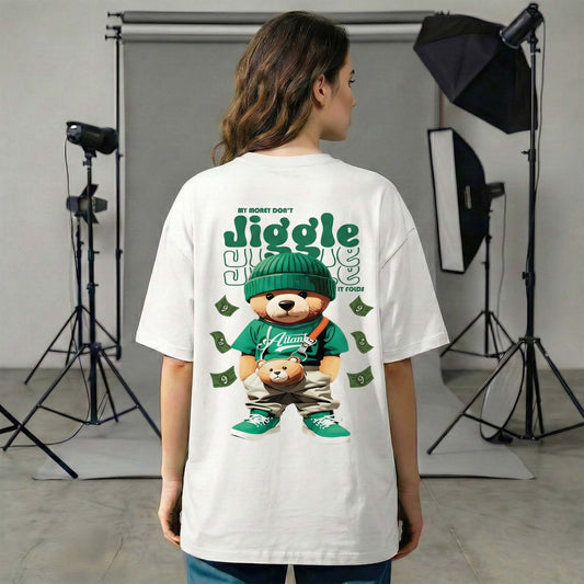 Women Black Oversized Graphic T-Shirt – Street Style Teddy ‘Money Don’t Jiggle’ Print | Premium Cotton Tee