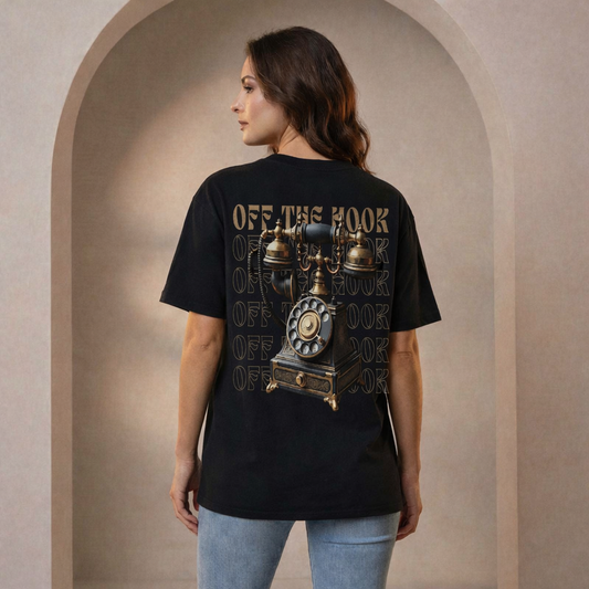 Old School Graphic Oversized Tee – Black Vintage Telephone Printed T-Shirt