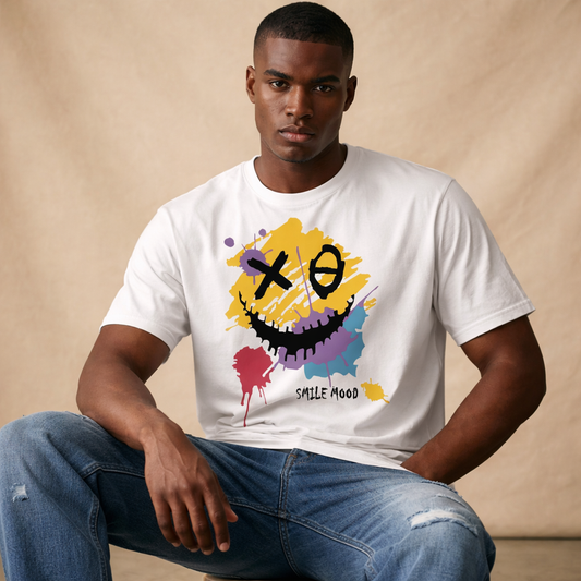 Men's Smile Mood Graphic T-Shirt – Street Art Printed White Tee