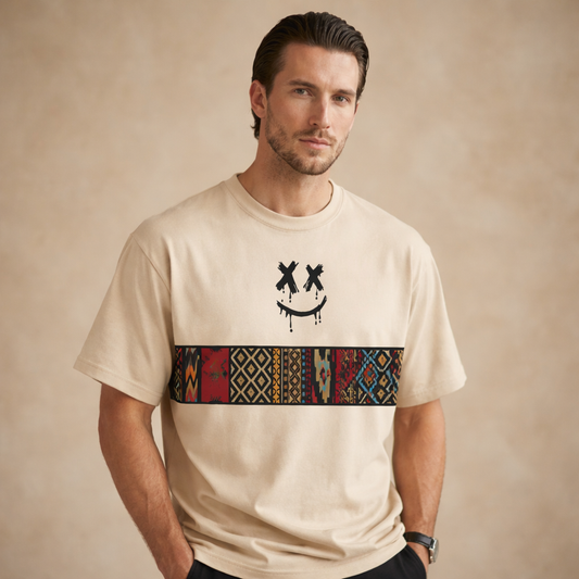Men’s Urban Tribal Smile Graphic T-Shirt – Beige Casual Streetwear Tee
