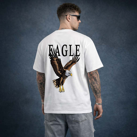Flying Eagle Printed Cotton Tee – White Oversized Eagle Graphic T-Shirt
