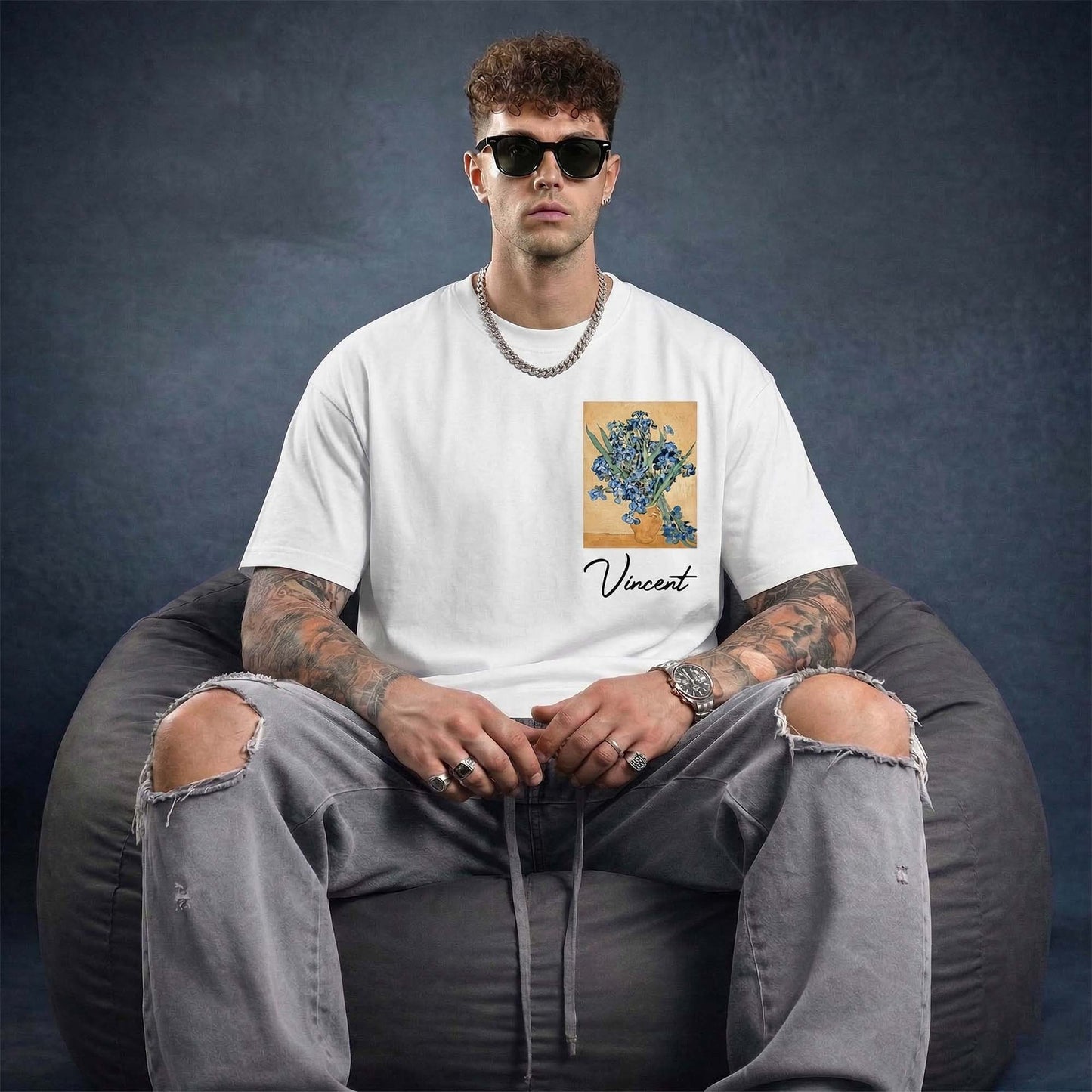 Vincent Van Gogh Art Printed Cotton Tee | White Oversized Graphic T-Shirt