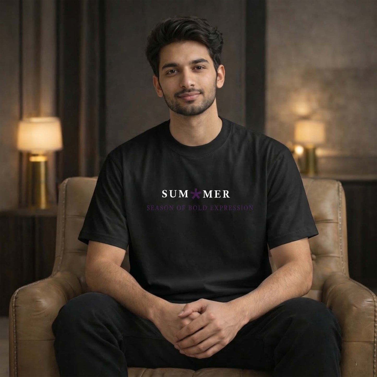 Summer Season Graphic T-Shirt for Men | Purple Floral Back Print Streetwear Tee | Premium Black Cotton T-Shirt