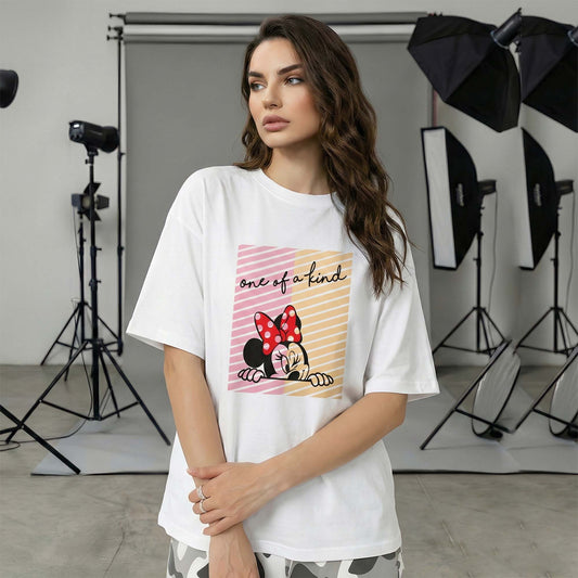 Women White Oversized Graphic T-Shirt – ‘One of a Kind’ Cute Cartoon Print | Premium Cotton Tee