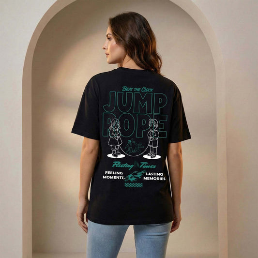 Women Black Oversized Graphic T-Shirt – Escape Room & Jump Rope Minimal Line Art Print | Premium Cotton Tee