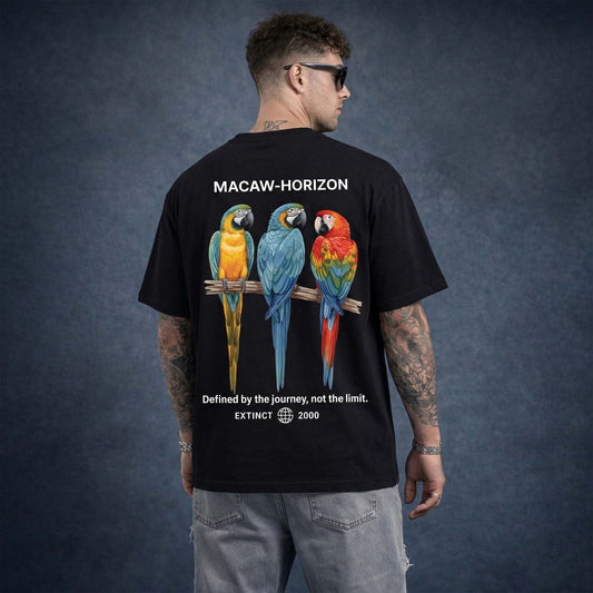 Macaw Horizon Printed Terry Cotton Tee I Black Oversized Graphic T-Shirt for Men