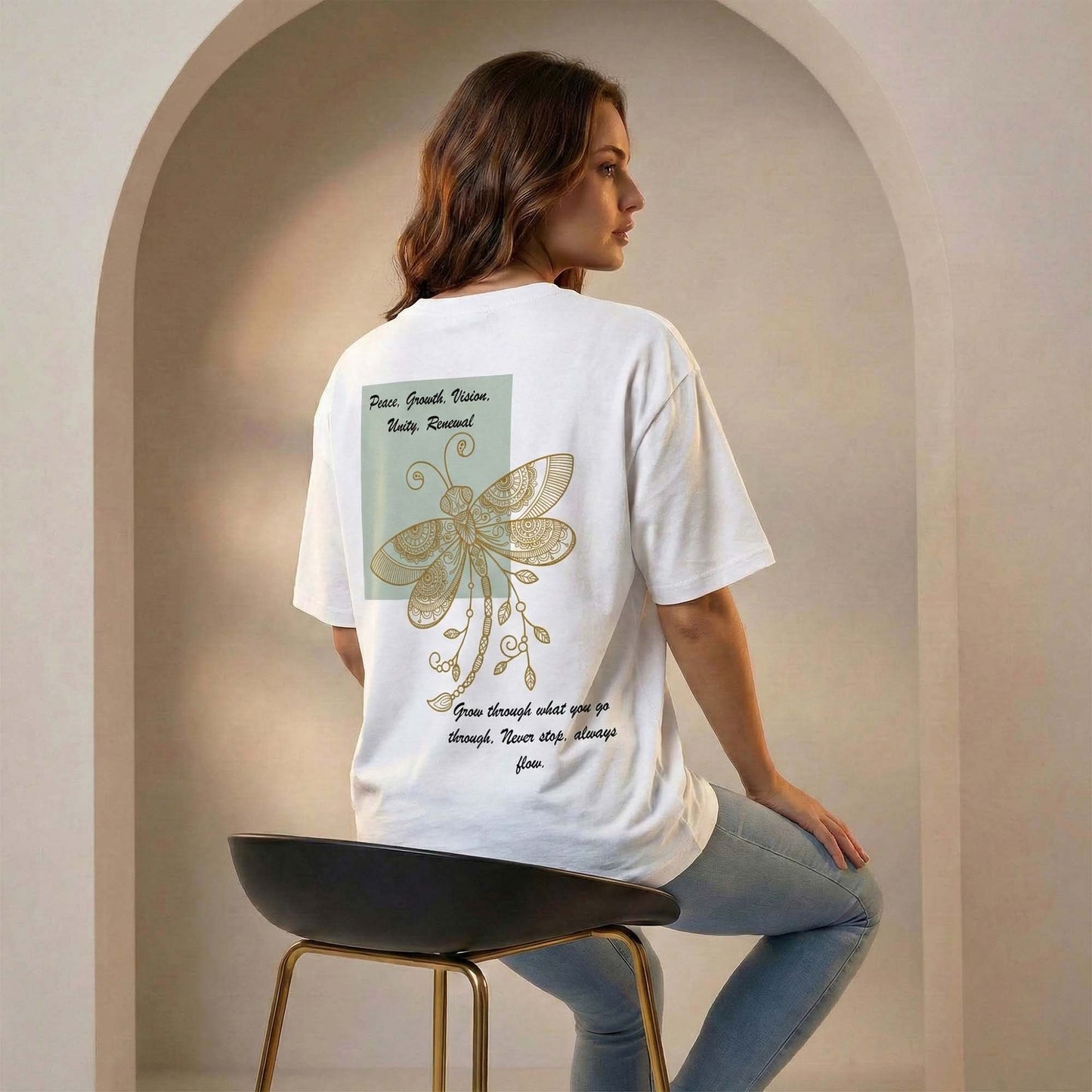Women White Oversized Graphic T-Shirt with Spiritual Sun & Mandala Dragonfly Gold Print | Premium Cotton Tee