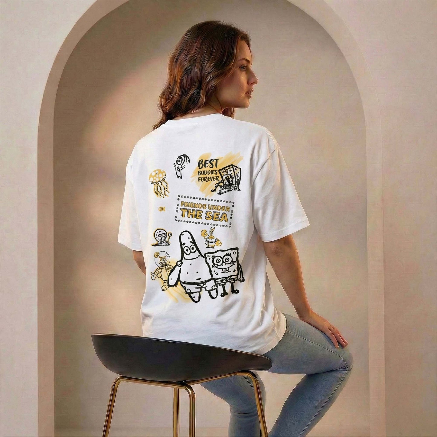 Women White Oversized Graphic T-Shirt – Best Buds & Friends Under the Sea Cartoon Print | Premium Cotton Tee