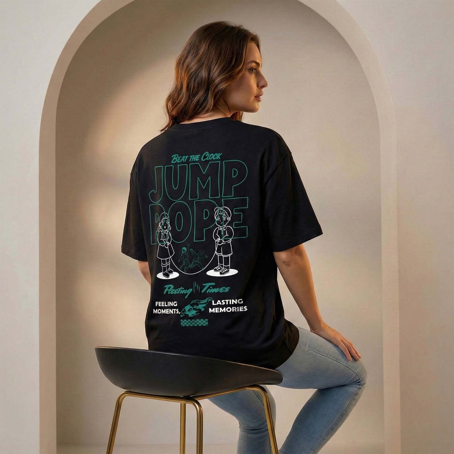 Women Black Oversized Graphic T-Shirt – Escape Room & Jump Rope Minimal Line Art Print | Premium Cotton Tee