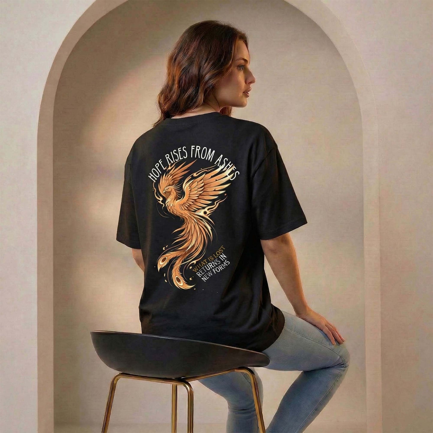 Women Black Oversized Graphic T-Shirt – Simurgh Phoenix ‘Hope Rises from Ashes’ Print | Premium Cotton Tee
