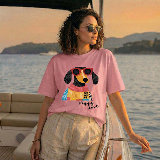 Puppy Love Women’s T-Shirt – Cute Dog Graphic Pink Tee for Girls