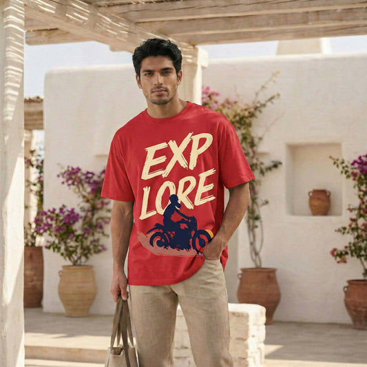 Men’s “Explore” Biker Graphic T-Shirt – Red Adventure Riding Tee