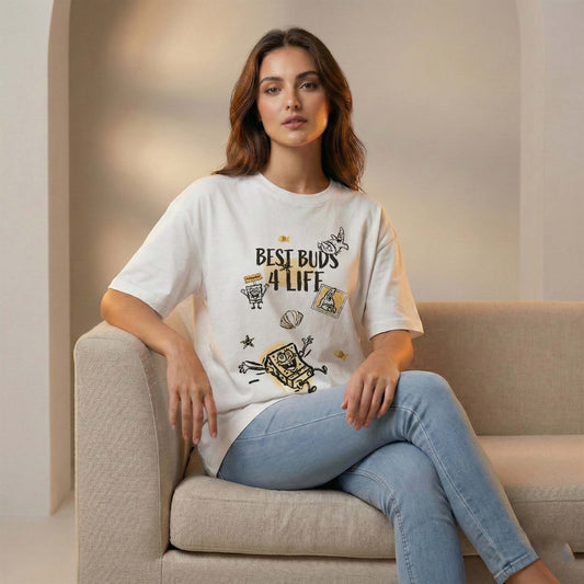 Women White Oversized Graphic T-Shirt – Best Buds & Friends Under the Sea Cartoon Print | Premium Cotton Tee