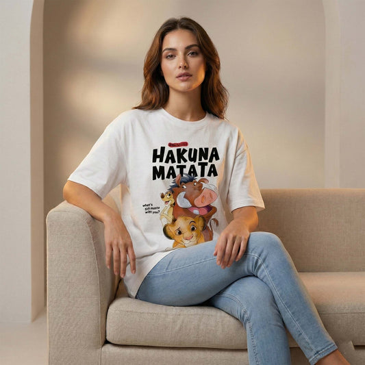 Women White Oversized Graphic T-Shirt – Hakuna Matata Cute Cartoon Print | Premium Cotton Tee