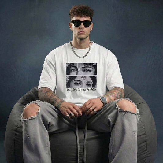 Beauty Lies Graphic T-Shirt for Men – Artistic Eyes Printed Tee (White)