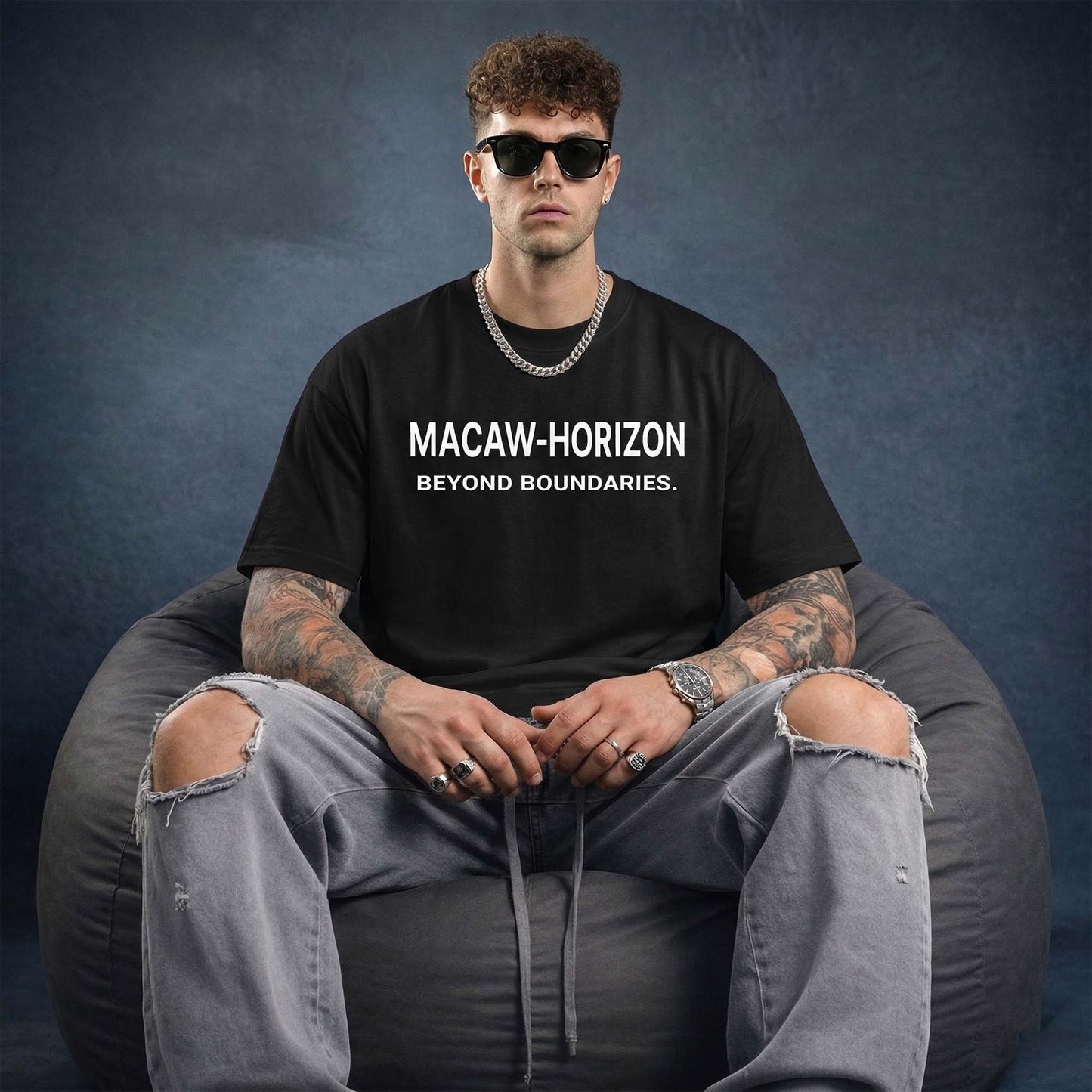 Macaw Horizon Printed Terry Cotton Tee I Black Oversized Graphic T-Shirt for Men