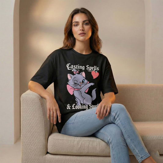 Women Black Oversized Graphic T-Shirt – Cute Witch Cat ‘Casting Spells & Looking Swell’ Print | Premium Cotton Tee