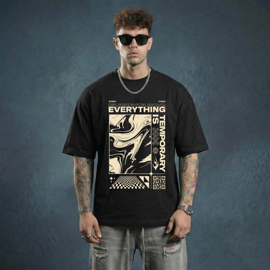 Black Oversized Graphic T-Shirt – Everything is Temporary Printed Cotton Tee