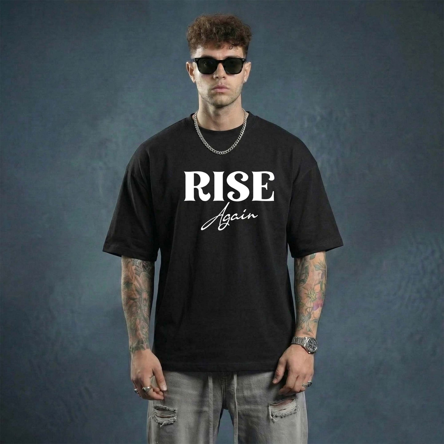 Rise Again Printed Cotton Tee for Men – Black Oversized Graphic T-Shirt