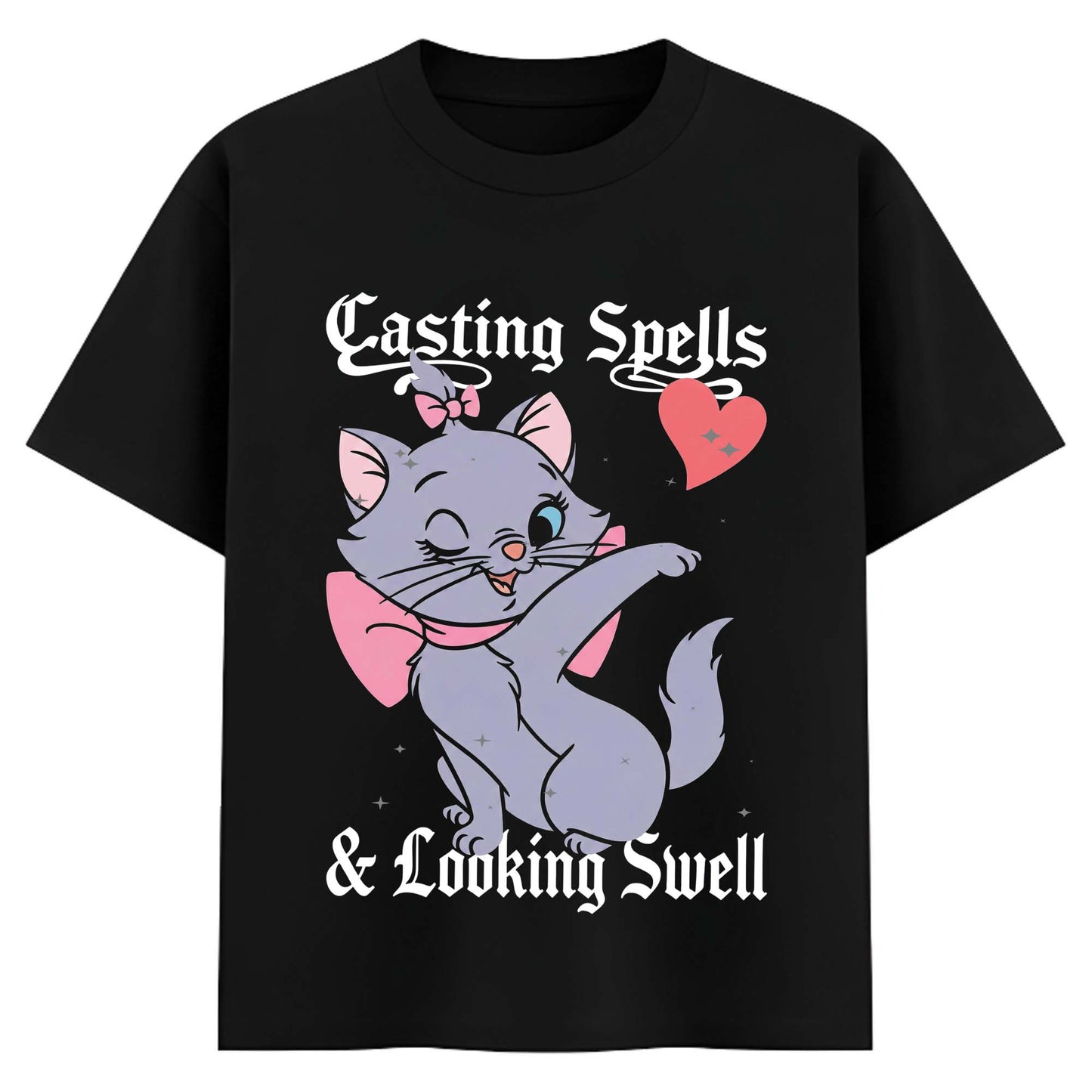 Women Black Oversized Graphic T-Shirt – Cute Witch Cat ‘Casting Spells & Looking Swell’ Print | Premium Cotton Tee
