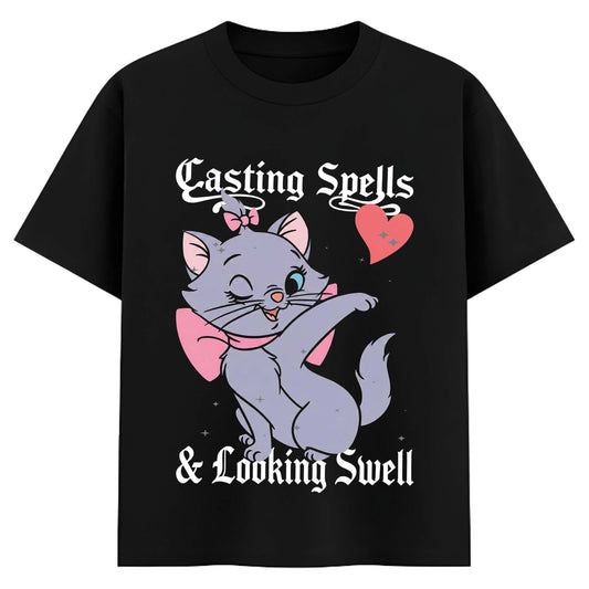 Women Black Oversized Graphic T-Shirt – Cute Witch Cat ‘Casting Spells & Looking Swell’ Print | Premium Cotton Tee