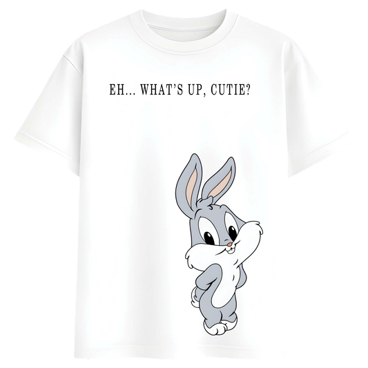Women White Oversized Graphic T-Shirt – “What’s Up, Cutie?” Cute Cartoon Bunny Print | Premium Cotton Tee