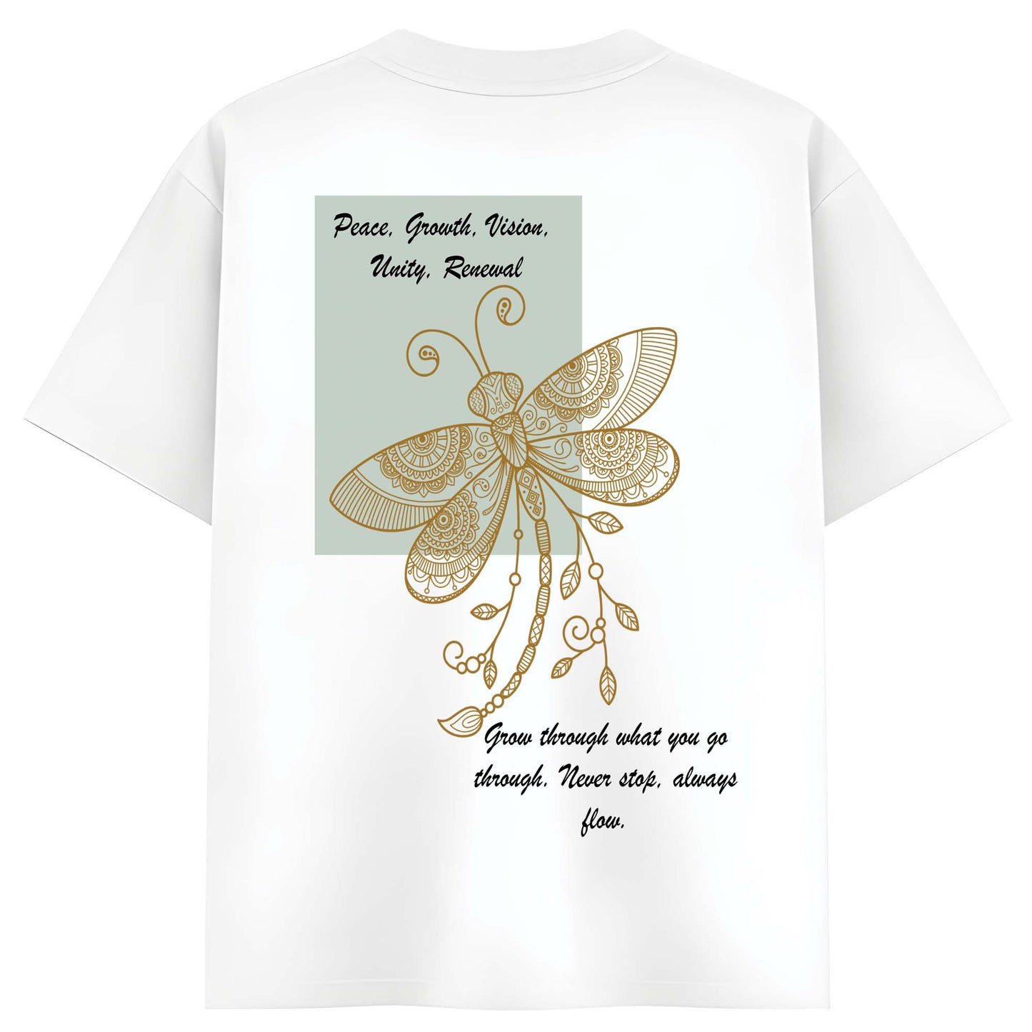 Women White Oversized Graphic T-Shirt with Spiritual Sun & Mandala Dragonfly Gold Print | Premium Cotton Tee