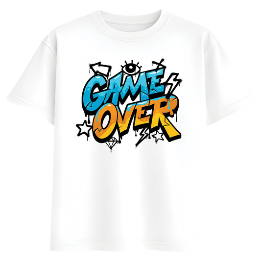 Women White Oversized Graphic T-Shirt – Graffiti ‘GAME OVER’ Street Art Print | Premium Cotton Tee