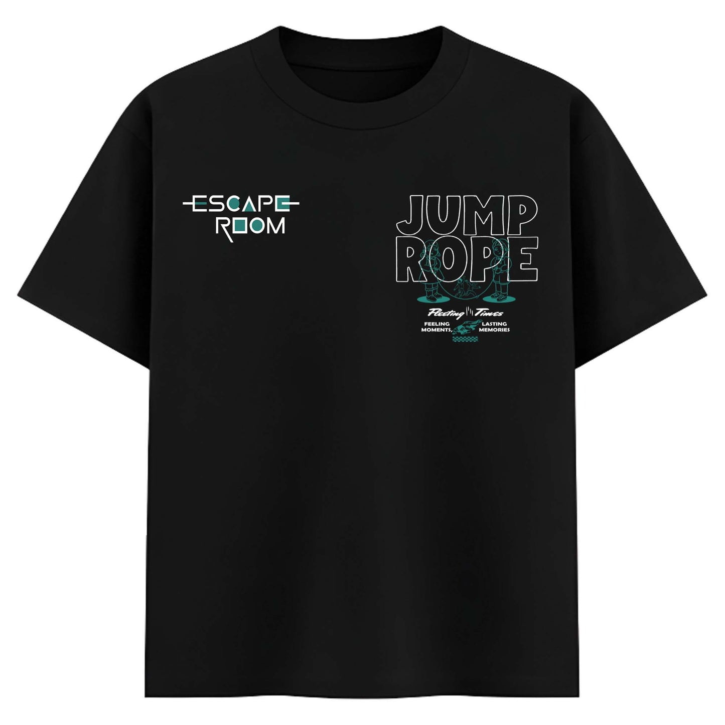 Women Black Oversized Graphic T-Shirt – Escape Room & Jump Rope Minimal Line Art Print | Premium Cotton Tee