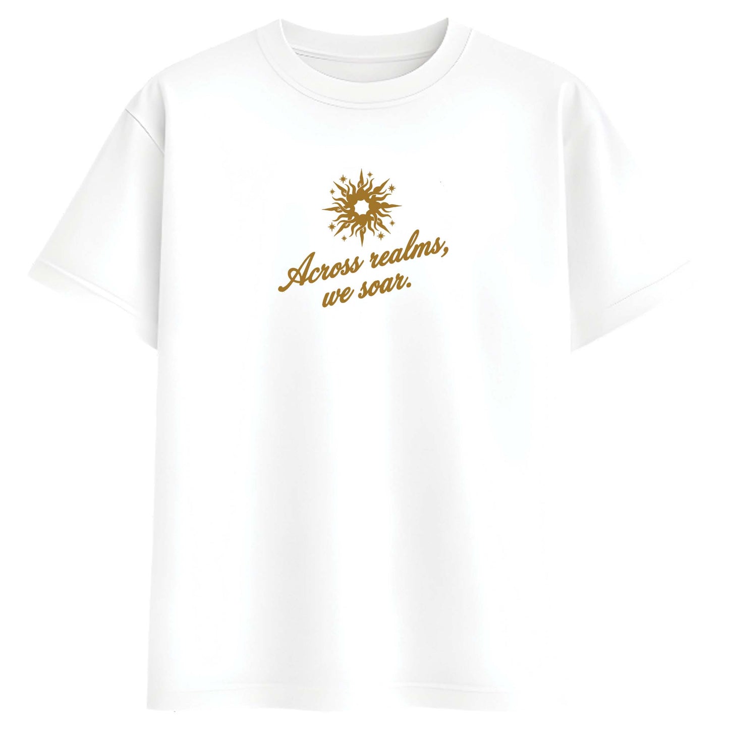 Women White Oversized Graphic T-Shirt with Spiritual Sun & Mandala Dragonfly Gold Print | Premium Cotton Tee