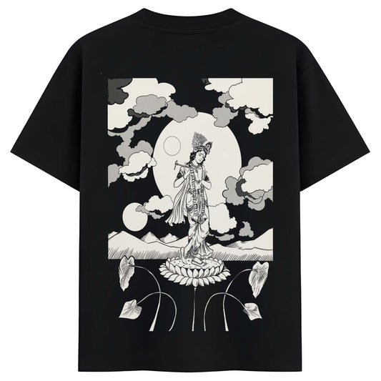 Divine Krishna Moon Artwork Men’s T-Shirt – Spiritual Back Print Black Tee