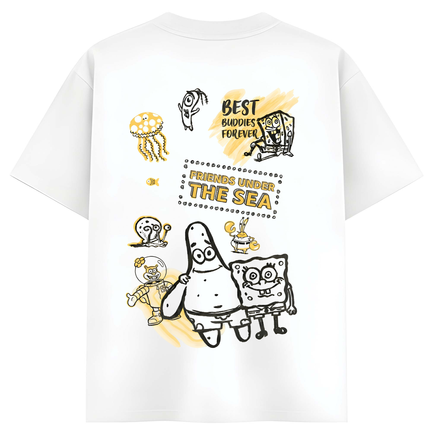 Women White Oversized Graphic T-Shirt – Best Buds & Friends Under the Sea Cartoon Print | Premium Cotton Tee