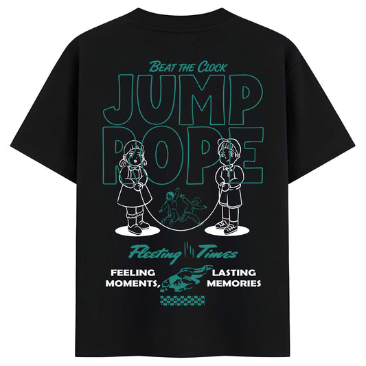 Women Black Oversized Graphic T-Shirt – Escape Room & Jump Rope Minimal Line Art Print | Premium Cotton Tee