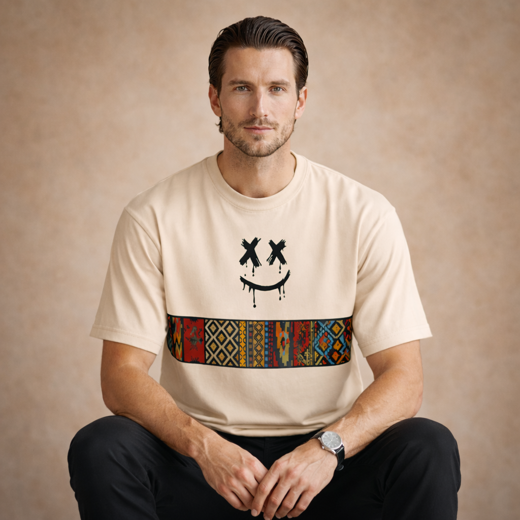 Men’s Urban Tribal Smile Graphic T-Shirt – Beige Casual Streetwear Tee