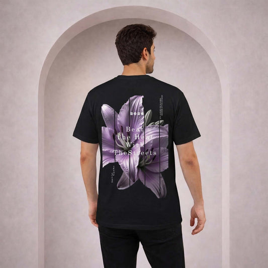 Summer Season Graphic T-Shirt for Men | Purple Floral Back Print Streetwear Tee | Premium Black Cotton T-Shirt