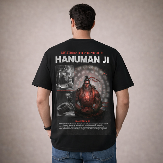 Bajrang Bali Graphic Cotton Tee  – Black Oversized Hanuman Ji Printed T-Shirt