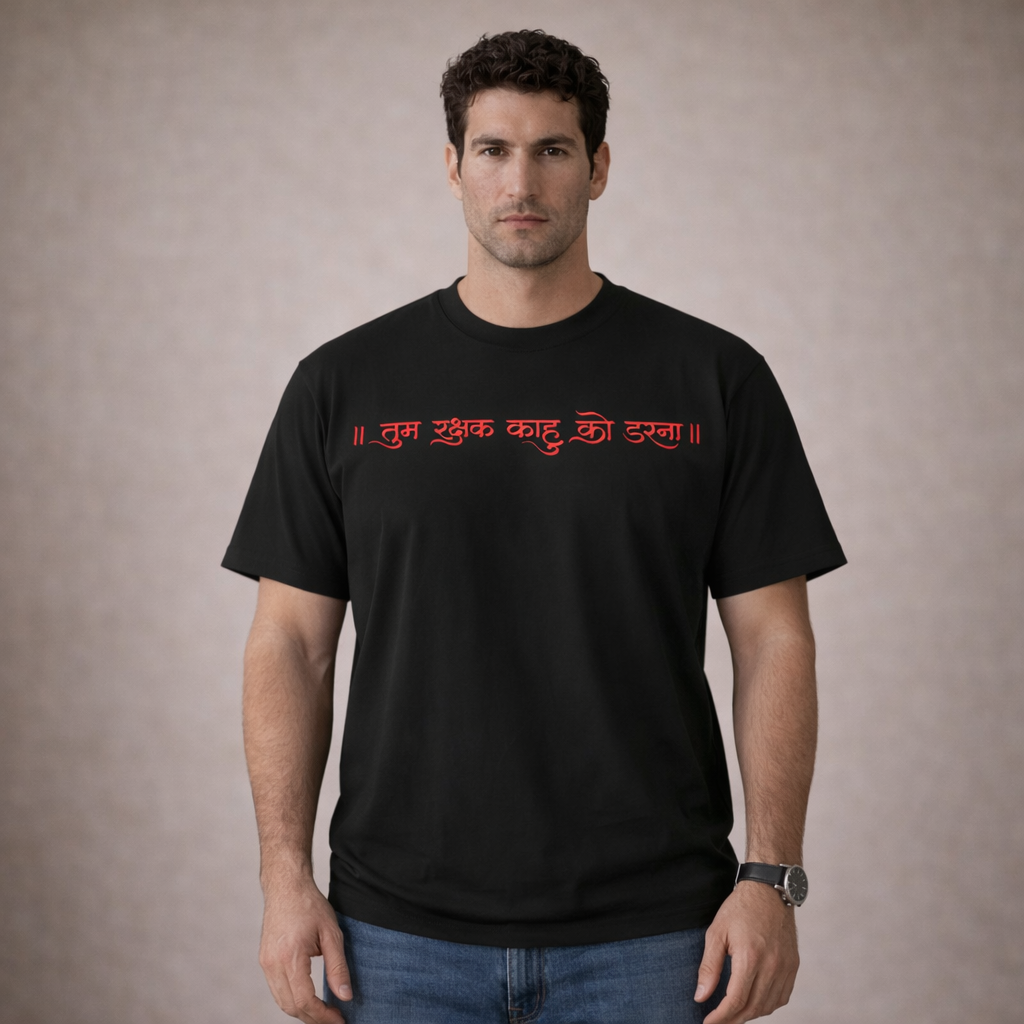 Bajrang Bali Graphic Cotton Tee  – Black Oversized Hanuman Ji Printed T-Shirt