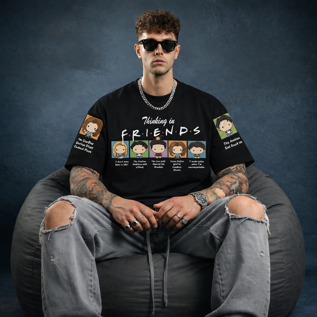 Thinking in Friends Graphic Oversized T-Shirt for Men | Funny Cartoon Friends Printed Cotton T-Shirt