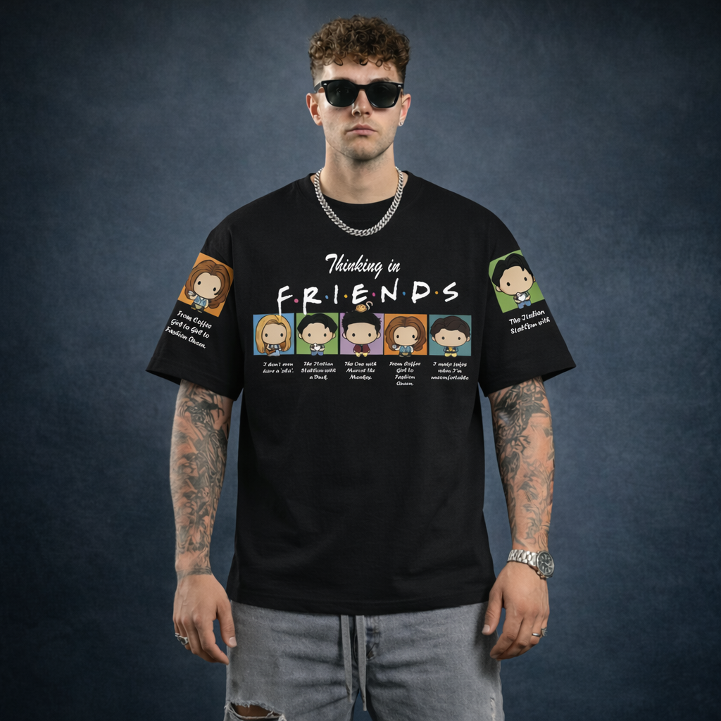 Thinking in Friends Graphic Oversized T-Shirt for Men | Funny Cartoon Friends Printed Cotton T-Shirt
