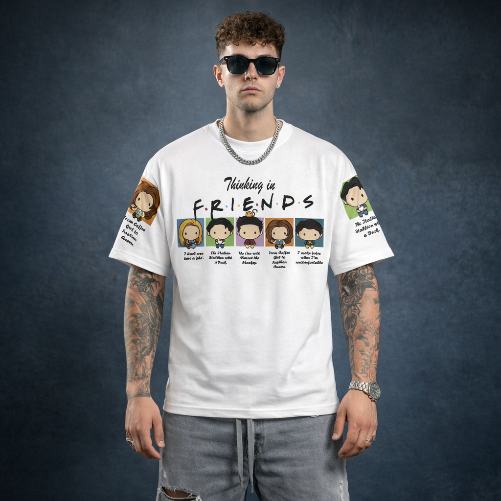 Thinking in Friends Graphic Oversized T-Shirt for Men | Funny Cartoon Friends Printed Cotton T-Shirt