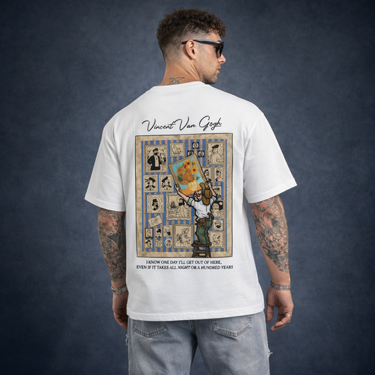 Vincent Van Gogh Art Printed Cotton Tee | White Oversized Graphic T-Shirt