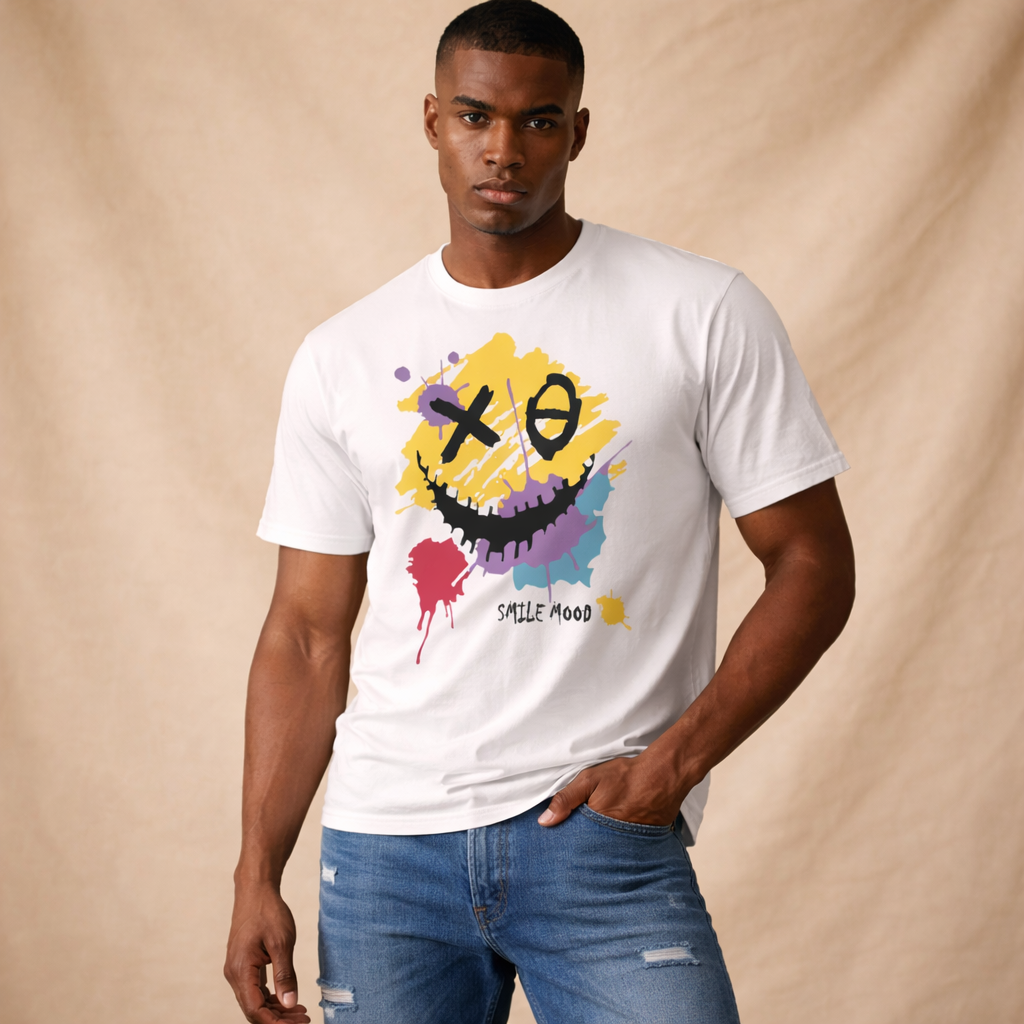 Men's Smile Mood Graphic T-Shirt – Street Art Printed White Tee