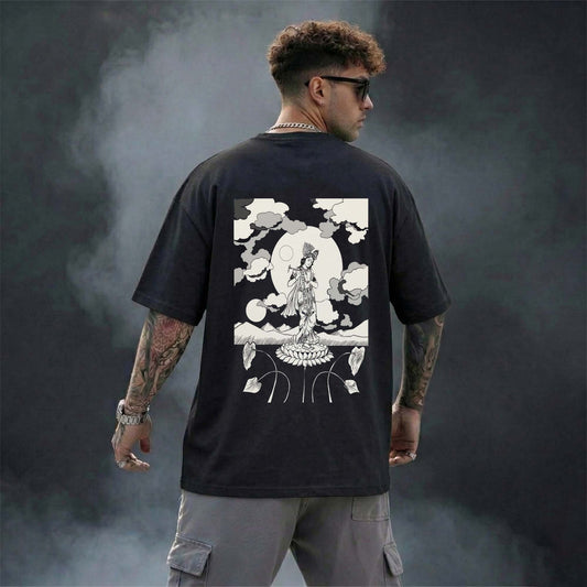 Divine Krishna Moon Artwork Men’s T-Shirt – Spiritual Back Print Black Tee
