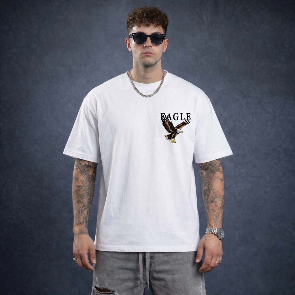 Flying Eagle Printed Cotton Tee – White Oversized Eagle Graphic T-Shirt