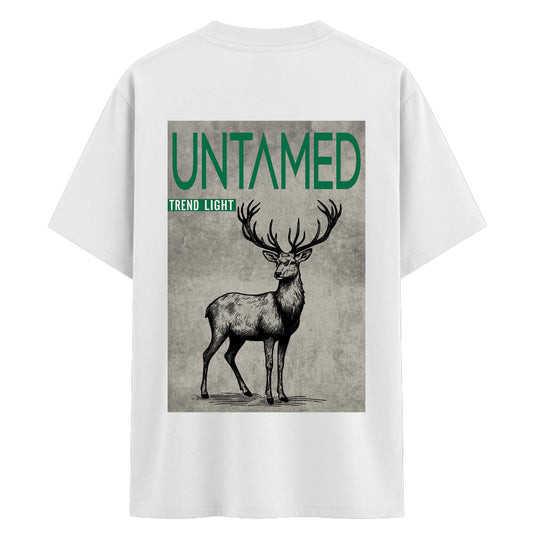 Untamed Printed Cotton Tee for Men  – White Oversized Deer Graphic T-Shirt