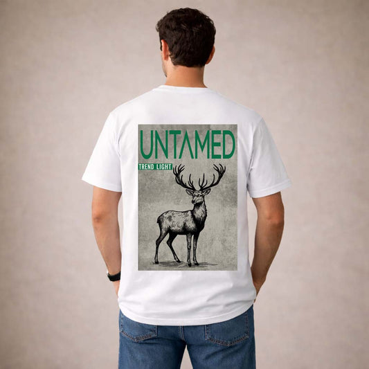 Untamed Printed Cotton Tee for Men  – White Oversized Deer Graphic T-Shirt