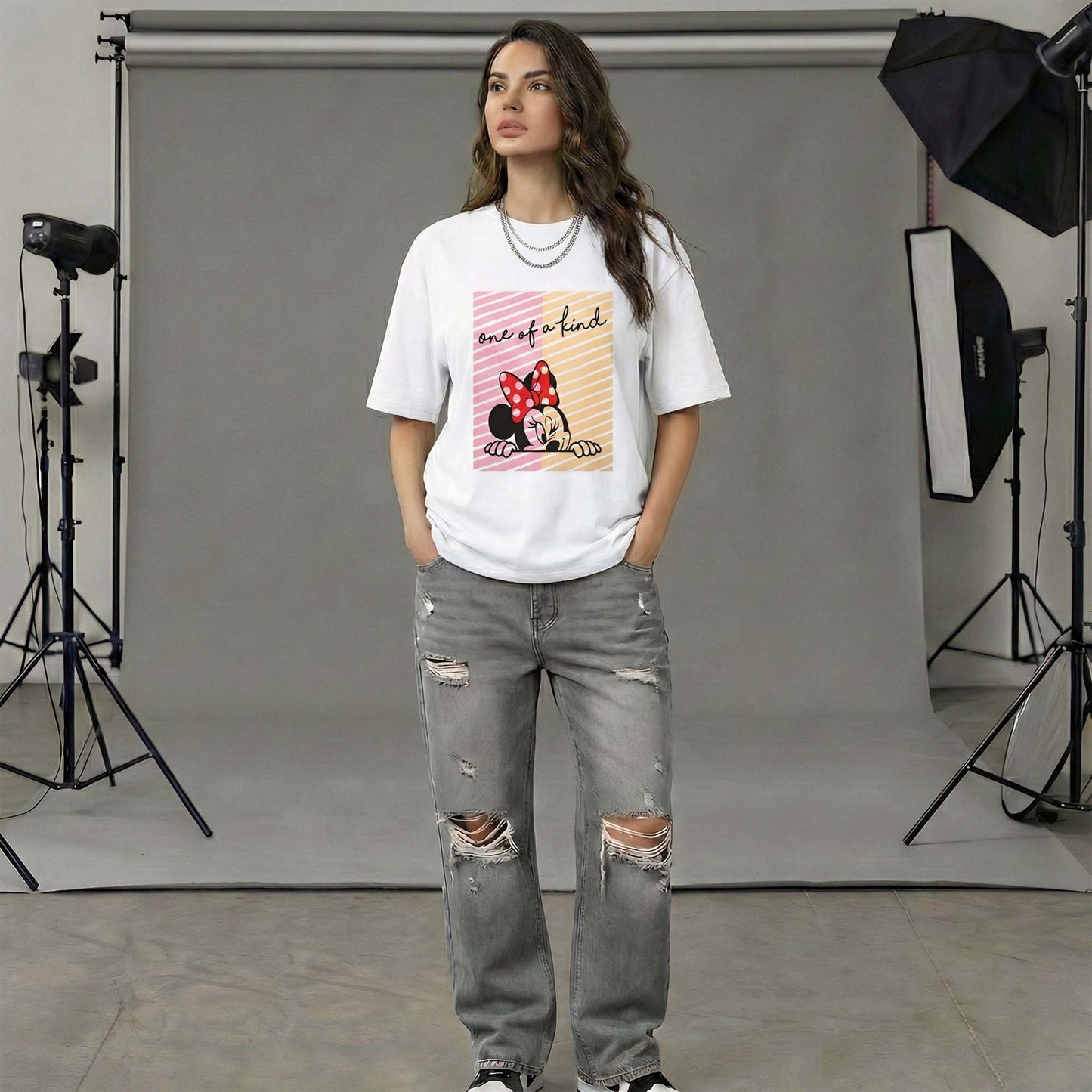 Women White Oversized Graphic T-Shirt – ‘One of a Kind’ Cute Cartoon Print | Premium Cotton Tee