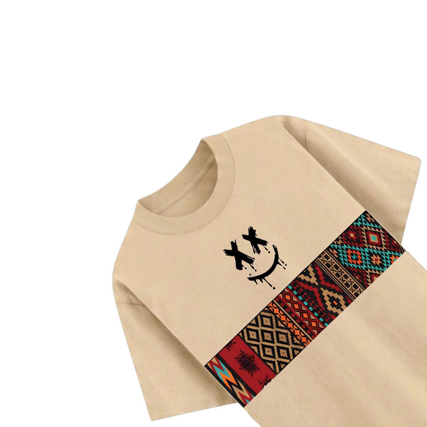 Men’s Urban Tribal Smile Graphic T-Shirt – Beige Casual Streetwear Tee
